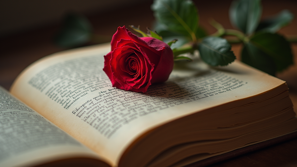 High angle view of a romantic novel with a rose on top