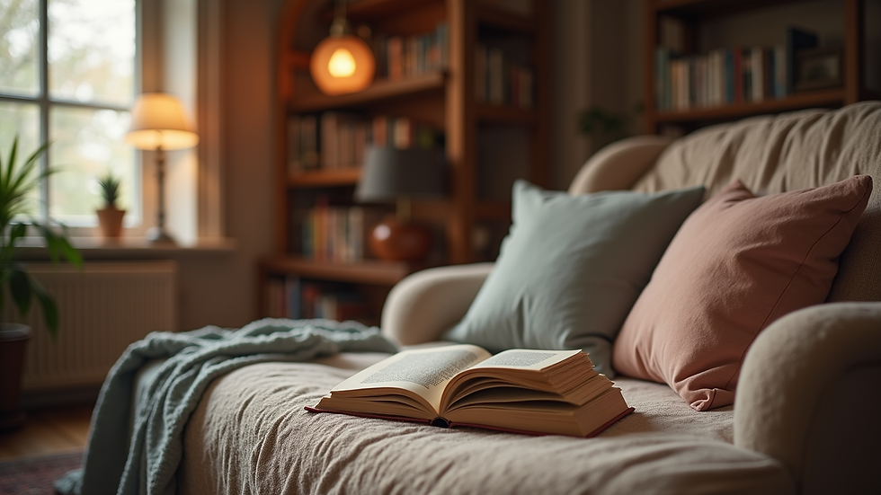 Eye-level view of a cozy reading nook with a stack of romance novels