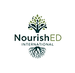 Logo for Nourished International. Graphic representation of a tree with green leaves above and roots below our name.