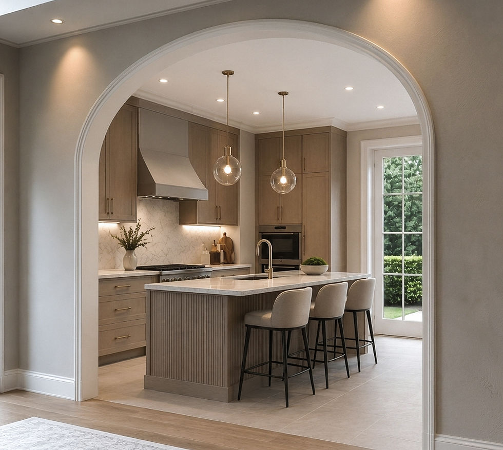 Modern kitchen with wood cabinets, island with chairs, pendant lights, and large window. Neutral tones create a cozy, inviting atmosphere.