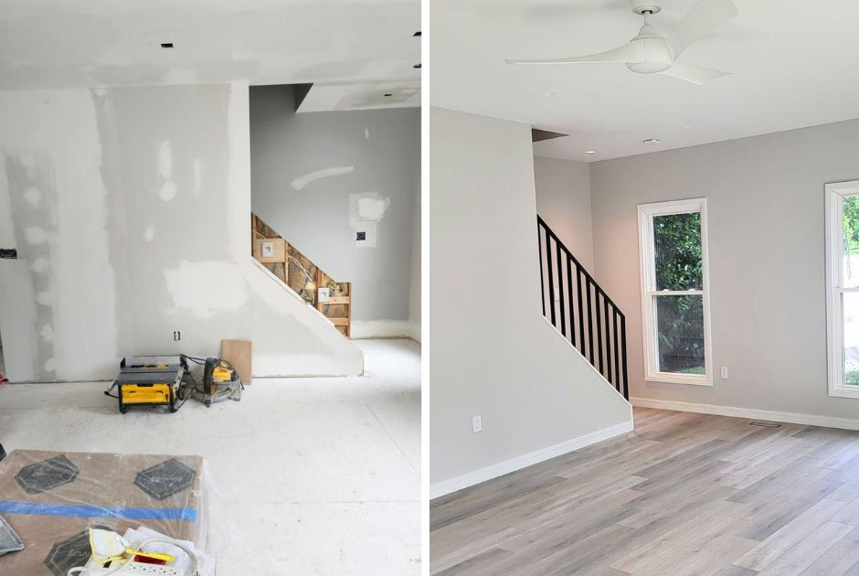 Before and after comparison of a staircase renovation. The left shows walls with drywall repairs in progress and exposed stairs. The right image shows the completed transformation with smooth, professionally painted light gray walls, sleek black railings, and new flooring, ready for December.