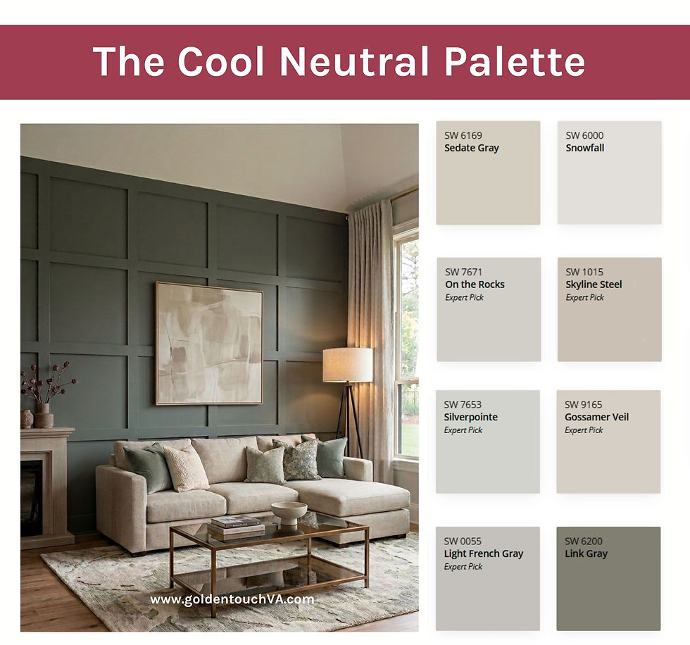 Cool neutral palette infographic with living room photo and paint swatches labeled Sedate Gray, Snowfall, On the Rocks, Skyline Steel.