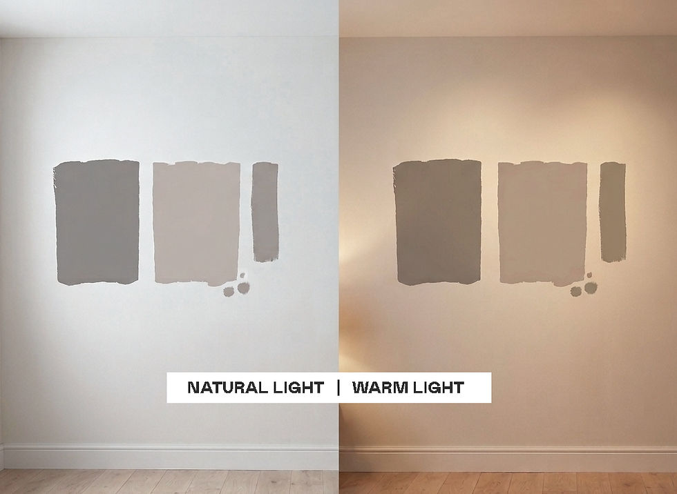 Split image of three gray paint swatches on a wall, comparing natural light vs warm light, with text reading NATURAL LIGHT | WARM LIGHT
