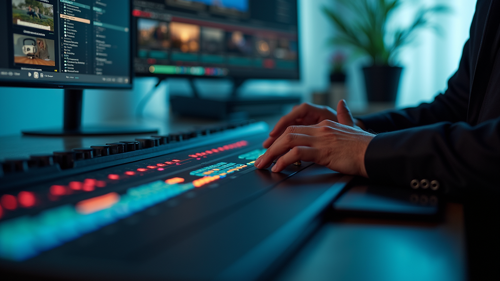 Eye-level view of a video editor working on a timeline with multiple clips