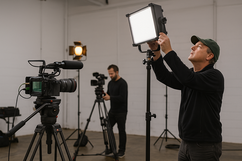 Setting up professional gear and lighting to ensure every shot is perfectly framed, lit, and ready for production.