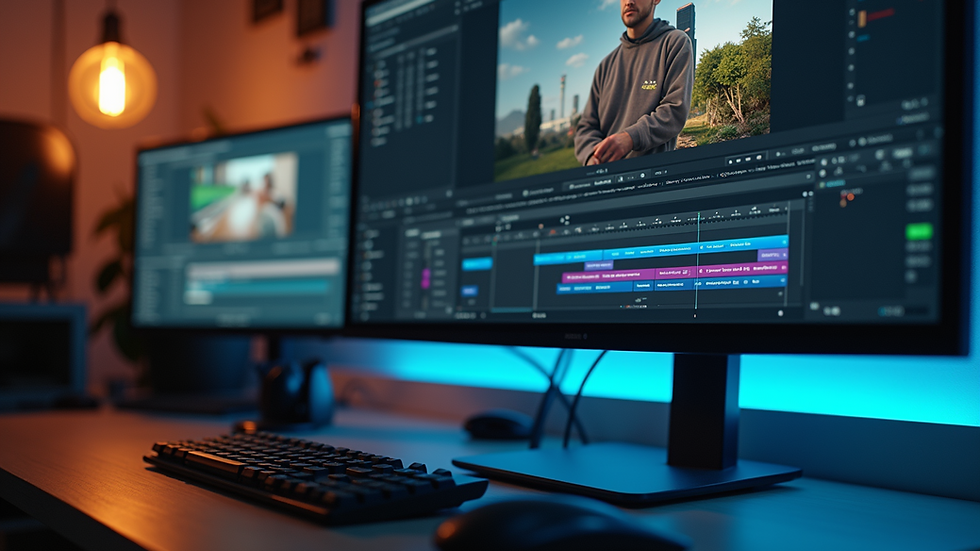 High angle view of a computer screen showing video editing software interface