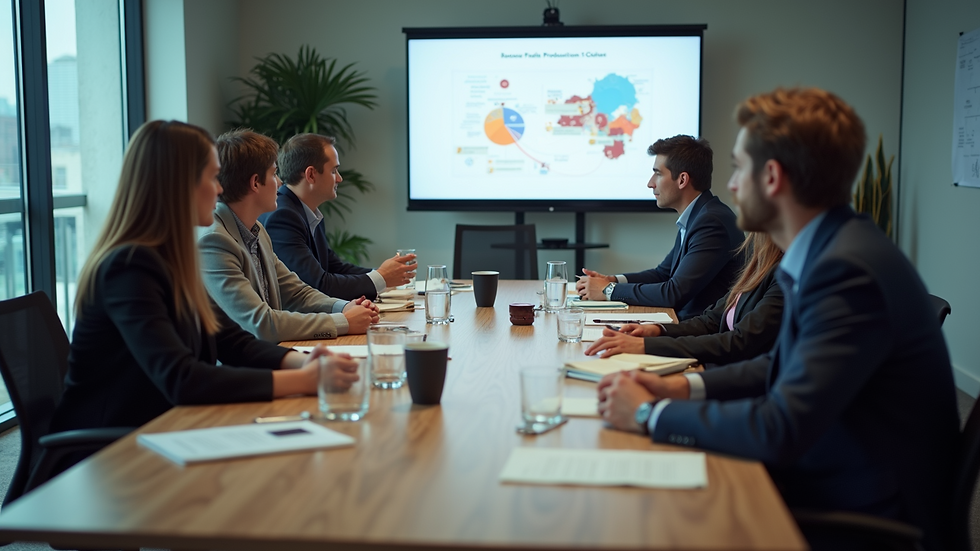 High angle view of a business meeting discussing video production budget