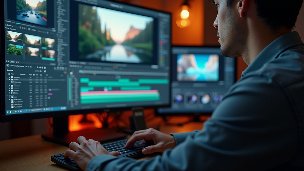 Close-up view of a video editor working on a computer with editing software
