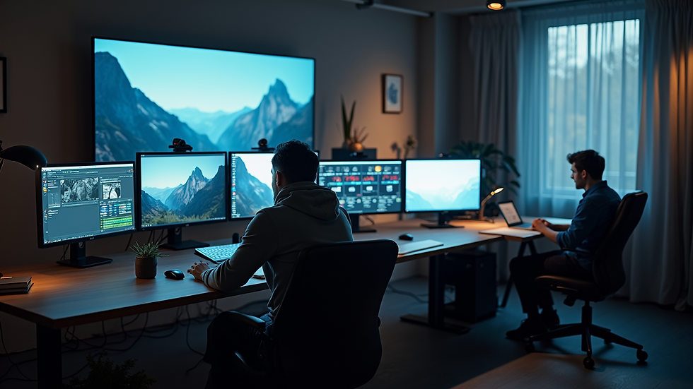 Wide angle view of an editing room with multiple monitors