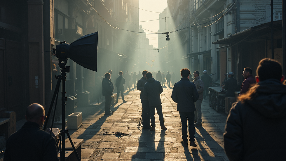 High angle view of a film crew setting up lighting equipment on location