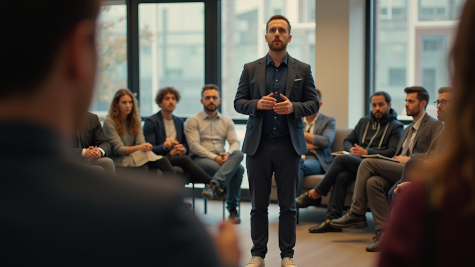 Eye-level view of a person speaking to a small group in a casual setting