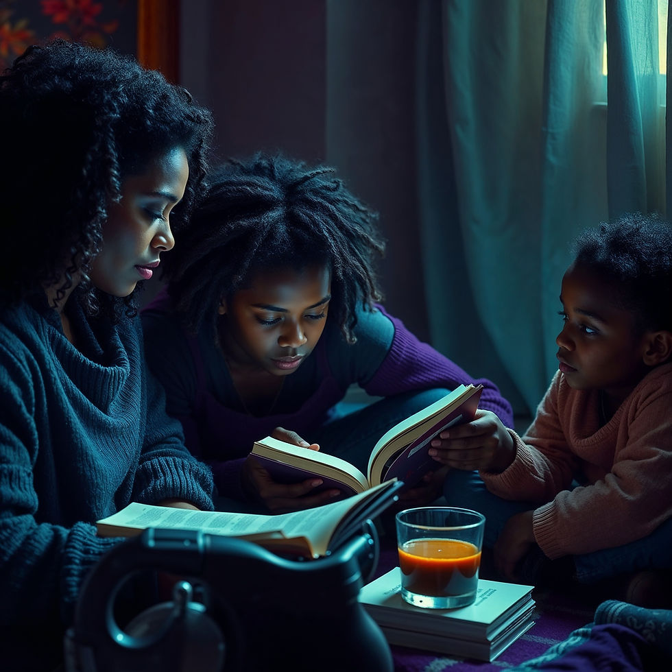 A detailed 8k photorealistic image a beautiful Black woman with radiant skin reads to Blac