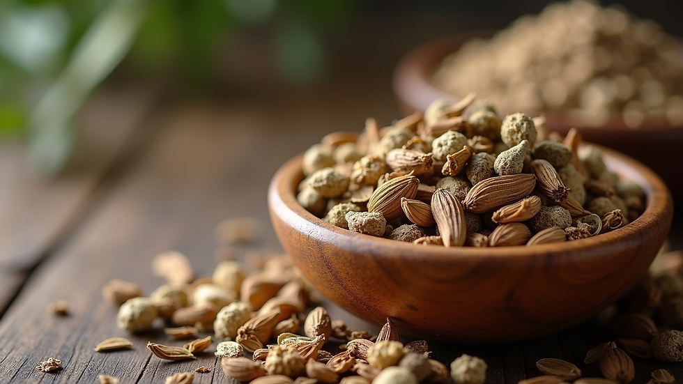 Close-up view of dried Ayurvedic herbs in a wooden bowl