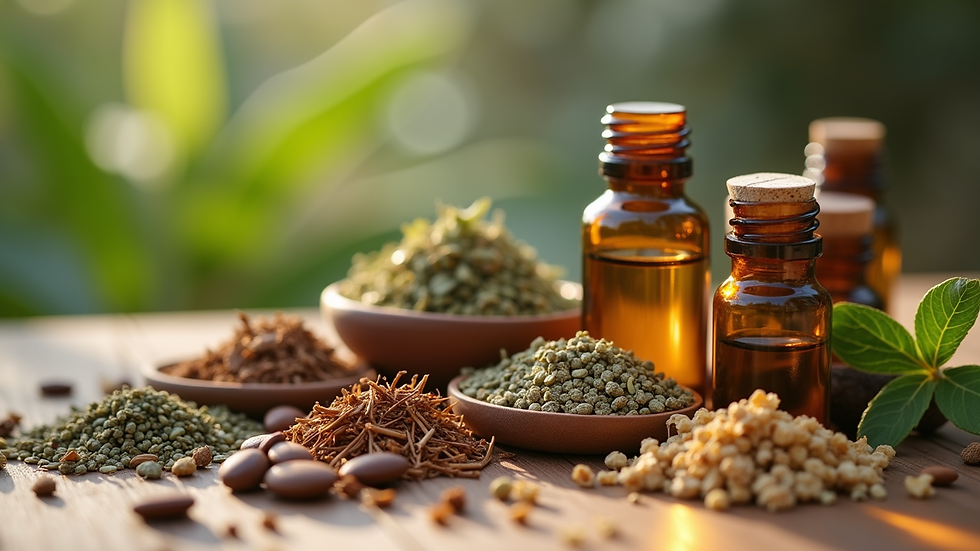 Eye-level view of Ayurvedic herbal oils and dried herbs arranged on a wooden surface