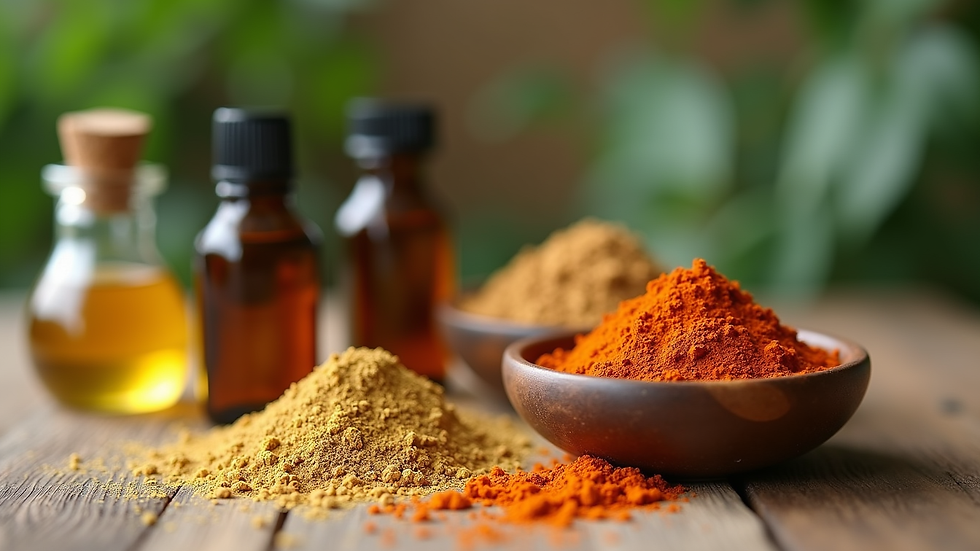 Eye-level view of Ayurvedic oils and powders arranged on a wooden table