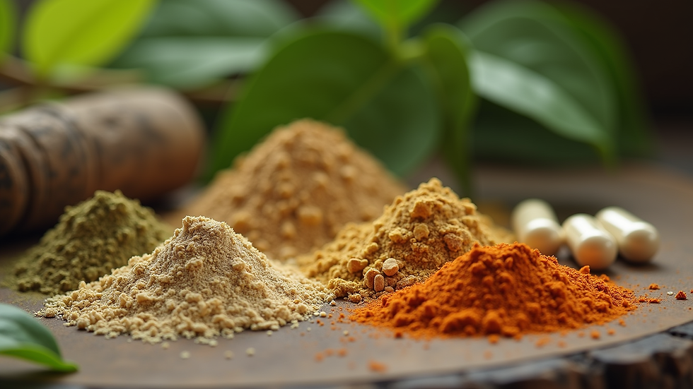 Close-up view of herbal Ayurvedic capsules and powders on a rustic surface