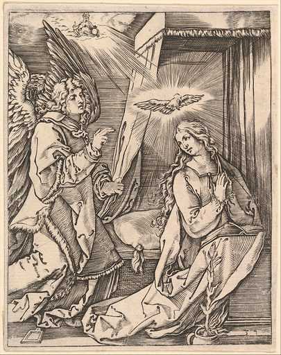The Annunciation. on the left the archangel Gabriel approaches the praying Virgin Mary in her bedchamber, over her head a dove representing the Holy Ghost, in the sky above a figure of God the Father, after Dürer.