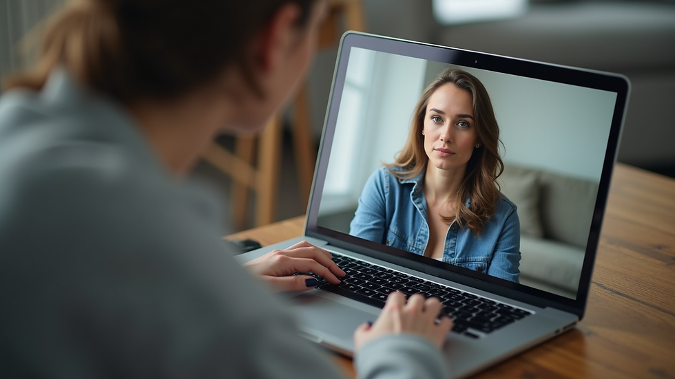 Close-up view of a laptop screen showing a dating coaching session