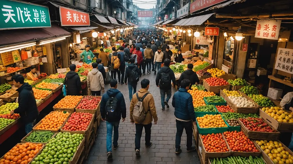 Eye-level view of a bustling market with various imported goods