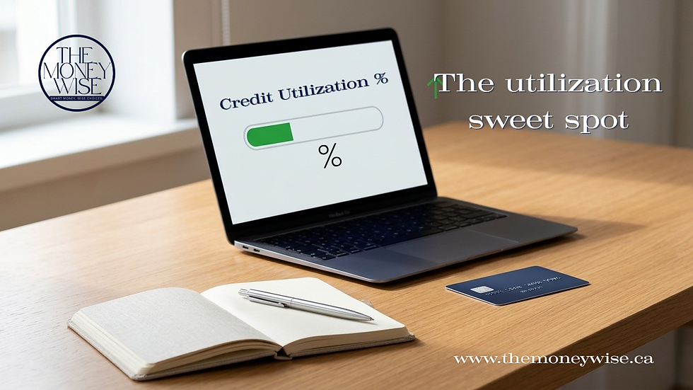 Laptop on wooden desk shows Credit Utilization % with green bar; notebook, pen and card nearby in a calm office scene.