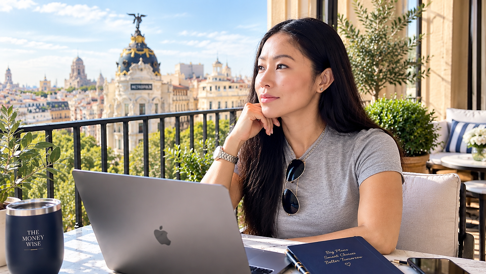 Woman at a sunny city terrace works on a laptop; mug says THE MONEY WISE and notebook reads Big Plans, Smart Choices, Better Tomorrow.