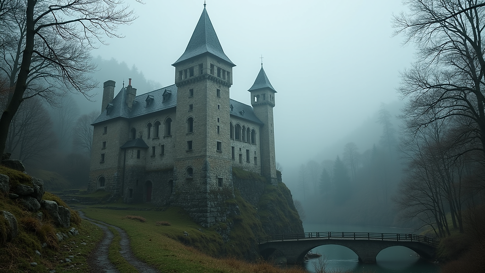 Eye-level view of ancient stone castle surrounded by misty forest