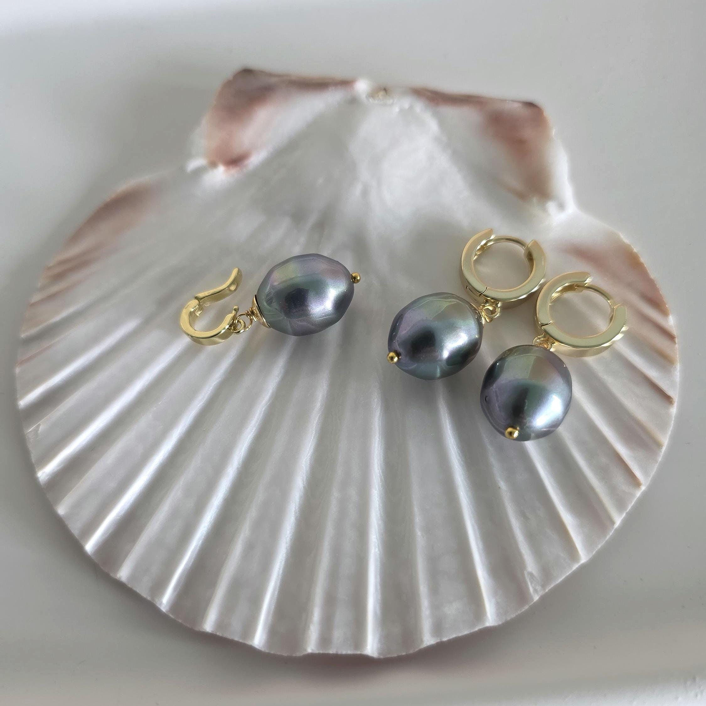 Grey Pearl clip-on pendant and hoop earrings ,silver or gold, clip on open
