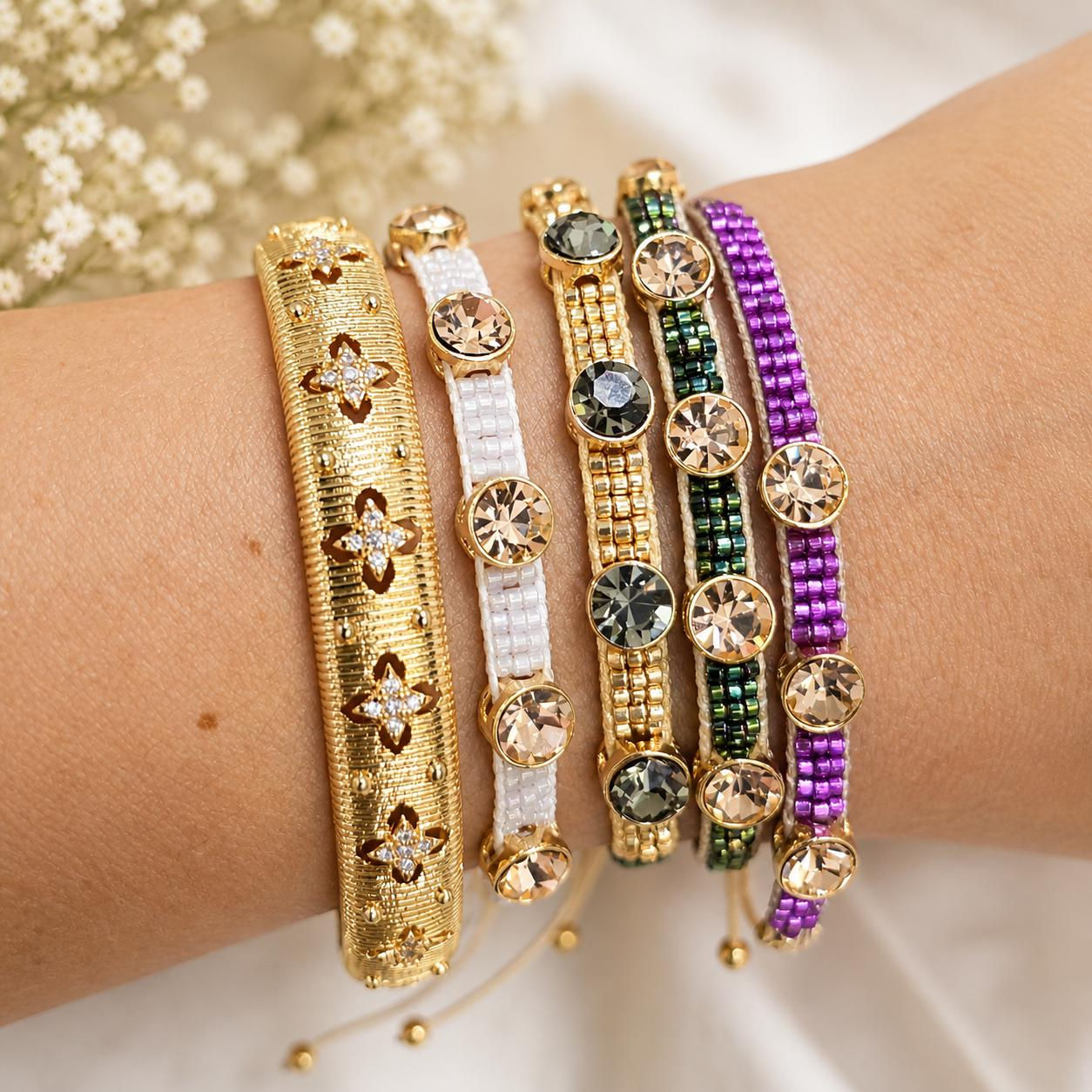 Pink green gold silver seed beads with rhinestones Miyuki adjustable bracelet