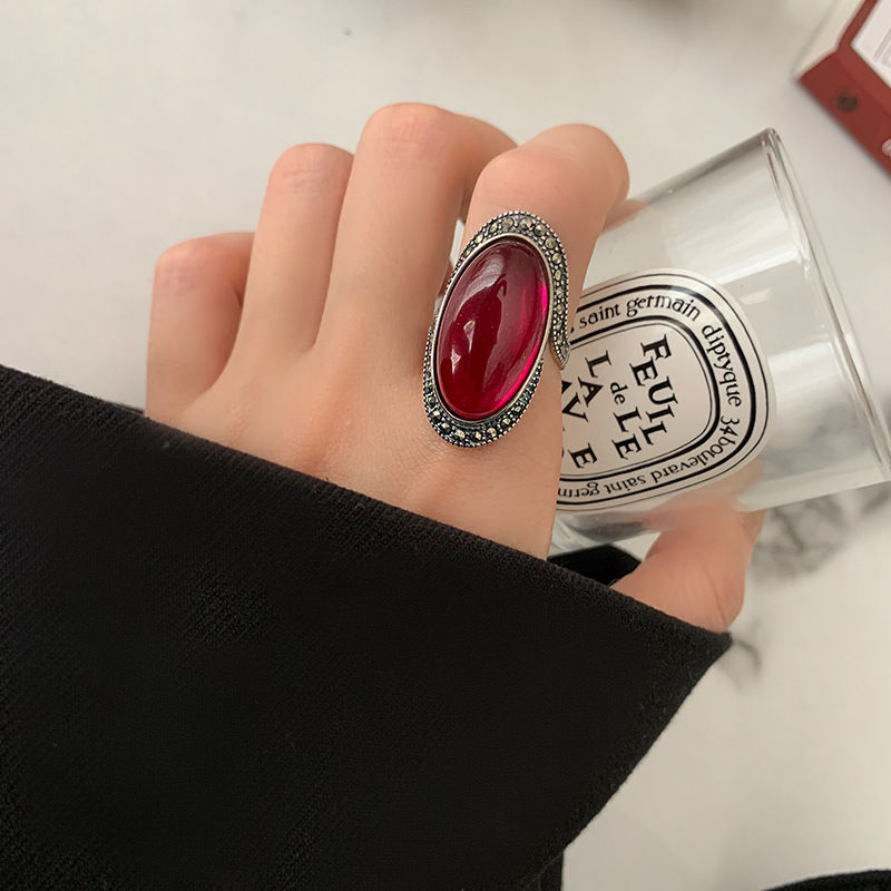 Personality Exaggeration Vintage Red Garnet Stone Thai Silver Ladies Engagement