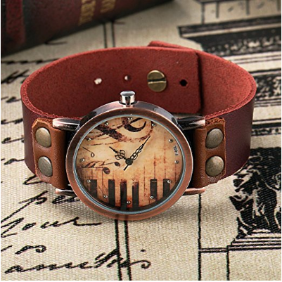 Thumbnail: Classic vintage piano music brown leather watch