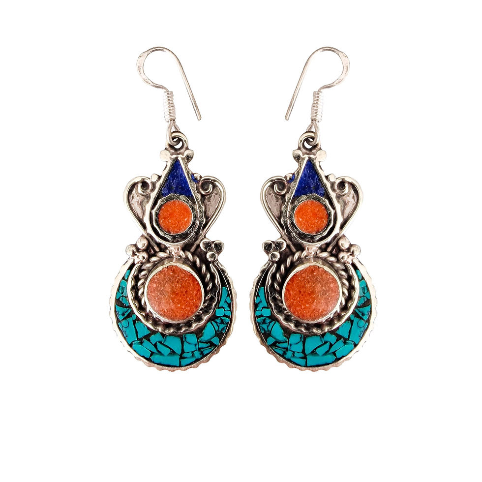 Boucles d'oreilles Ethniques Tibétaines corail lapis-lazuli turquoise