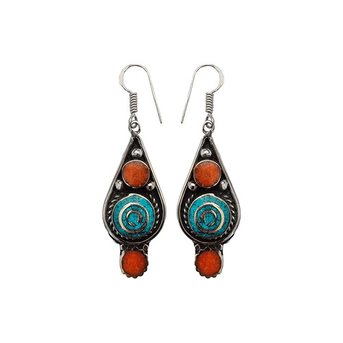 Boucles D'oreilles Népalaises En Argent 925 - Turquoise Et Lapis-lazuli - Longueur 2,3"