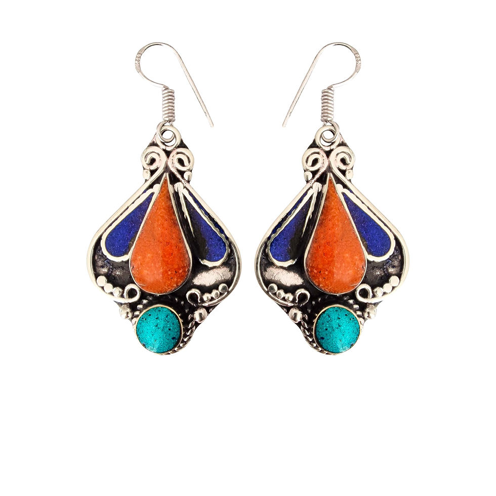 Boucles d'oreilles Ethniques Tibétaines corail lapis-lazuli turquoise