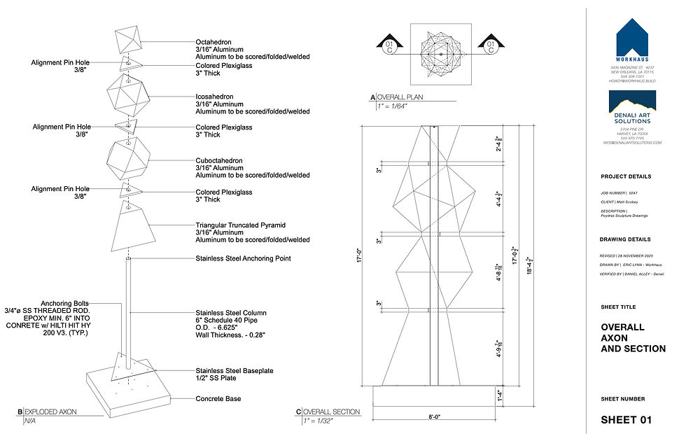 An image of a technical drawing that includes a breakdown of how Matt Scobey's Poydras Corridor Polyhedra is to be fabricated/constructed.