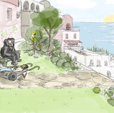 photoshop painting of a gorilla sitting on a park bench overlooking the city