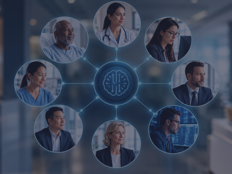Healthcare AI stakeholder map connecting leaders, employees, clinicians, payers, vendors, and patients