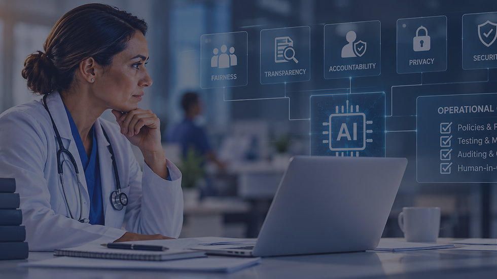 Healthcare leader considering AI risk, stakeholder impact, and human accountability in an AI-enabled healthcare workflow.