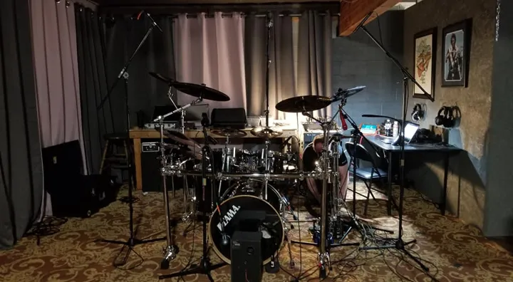 An earlier recording room, set up for drums.