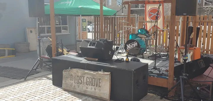 Audio equipment set up beside the stage at Lost Grove.