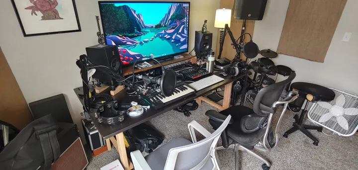 Instruments and equipment in the recording space.