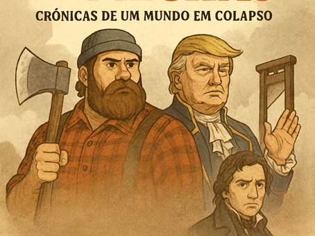 Um homem com machado, Donald Trump, uma guilhotina.