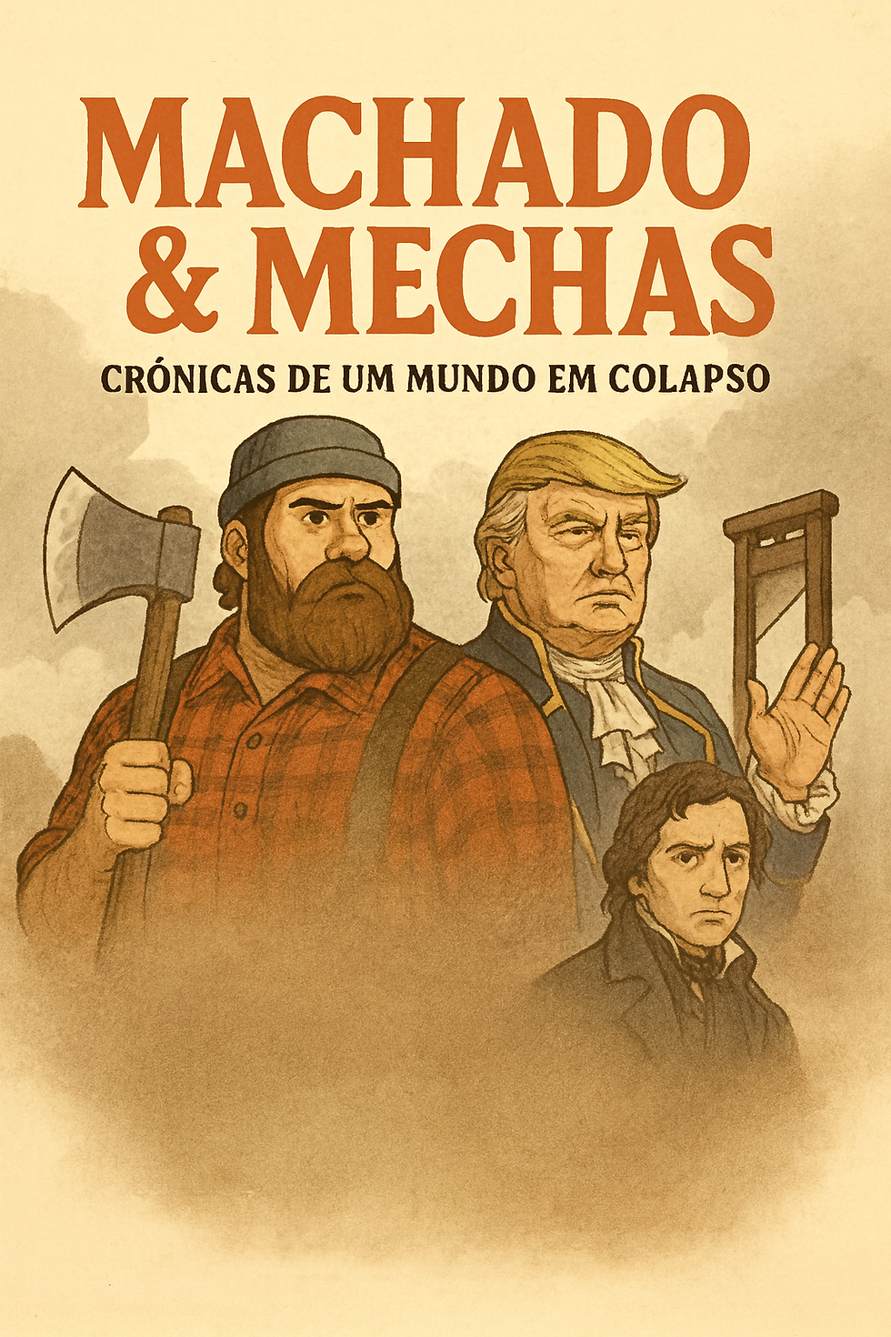 Um homem com machado, Donald Trump, uma guilhotina.