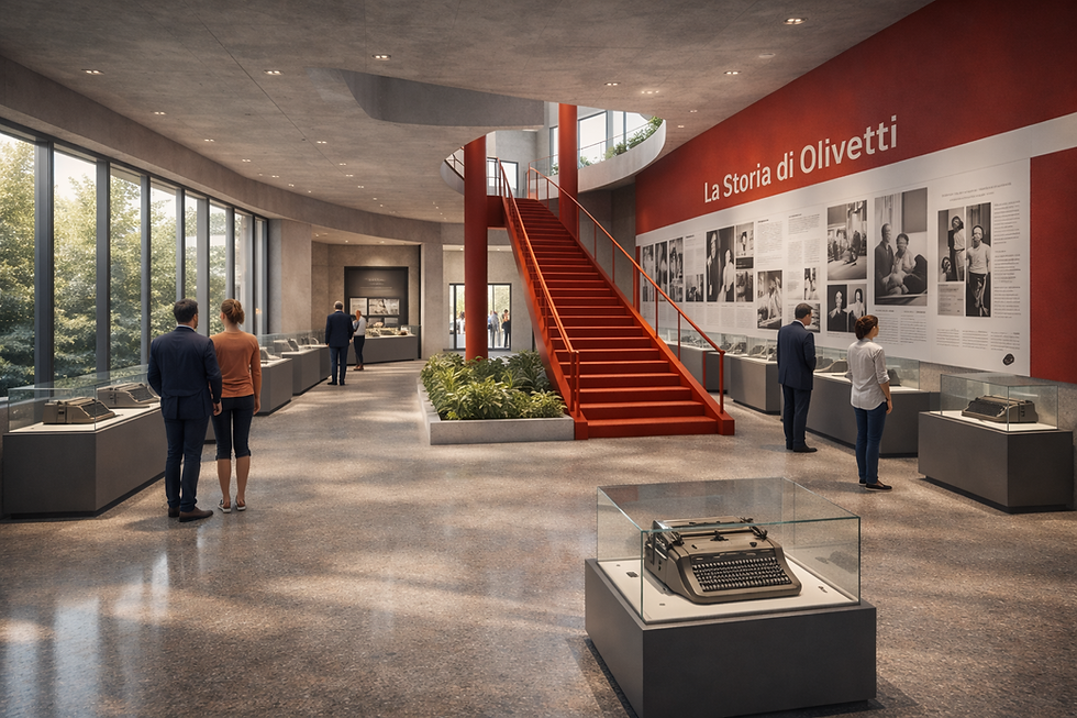 Visitors explore the Olivetti history exhibit, featuring vintage typewriters and informative displays within a modern, airy museum space.