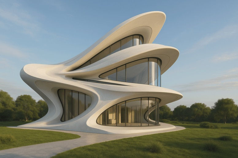 Futuristic architectural design: A modern home with smooth, flowing curves and large glass windows set amidst a serene green landscape, showcasing innovative and organic style. @MBA architects © 2025 Image created by AI assistant