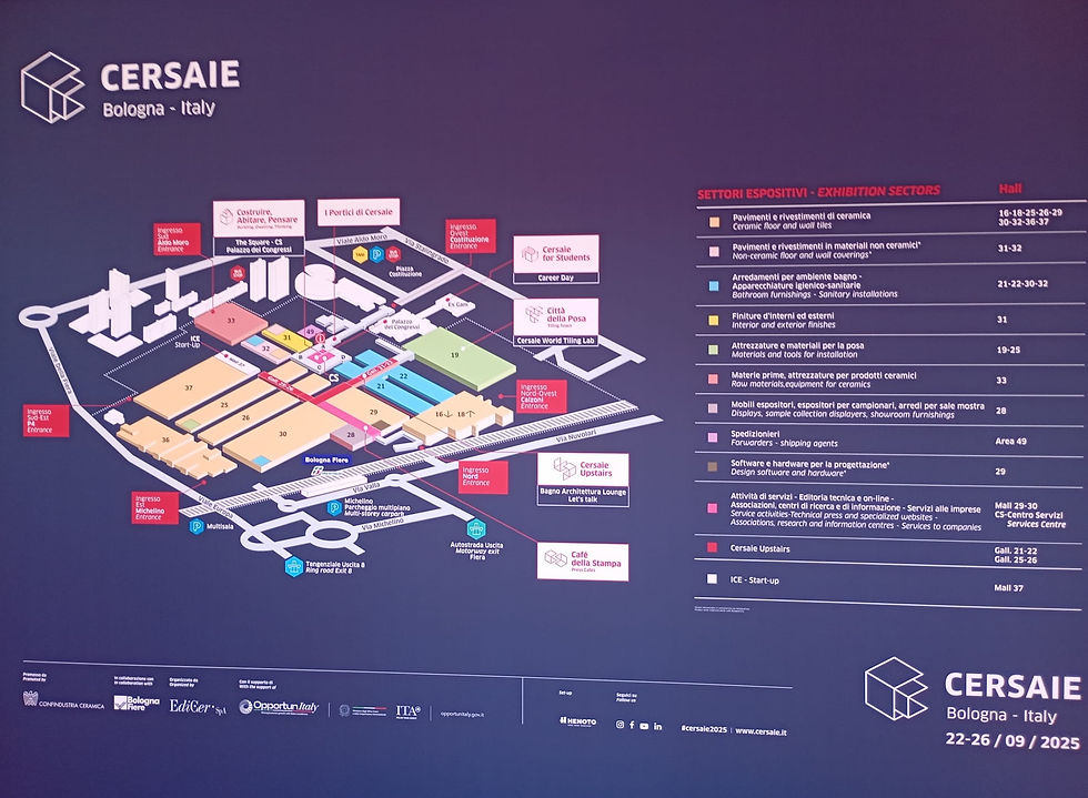 Map of the Cersaie 2025 exhibition in Bologna, Italy, outlining venue layout and exhibition sectors from ceramic wall tiles to furniture and installation materials. Event dates: September 22-26, 2025.