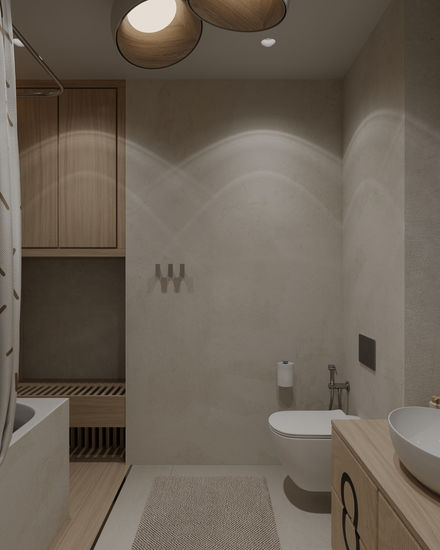 Bathroom interior design with toilet, sink, and wooden cabinets; Nu Projects Dubai.