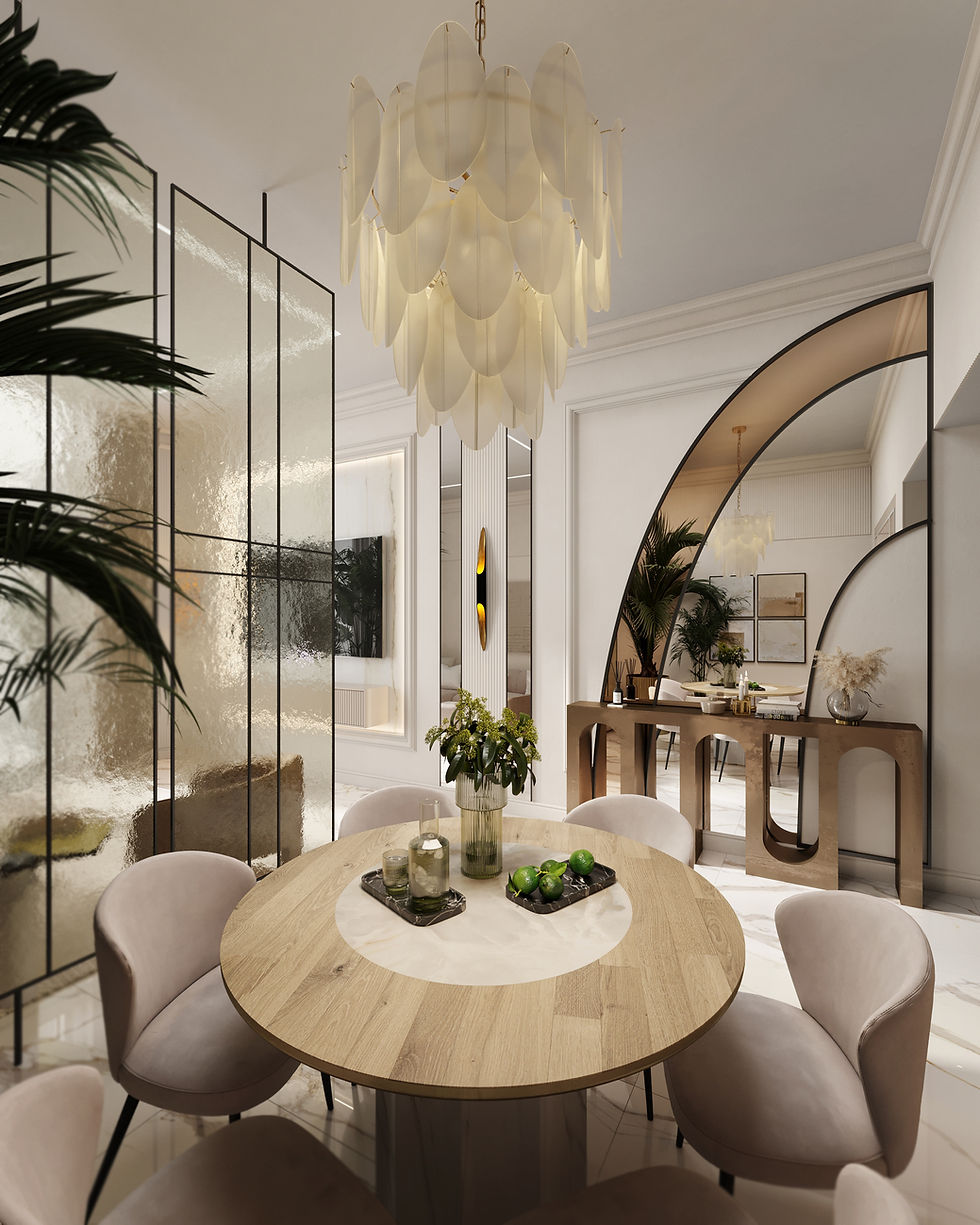 Elegant dining room with chandelier, round table, and Italian furniture in Dubai. Nu Projects Dubai