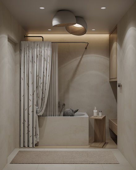 Modern bathroom with tub and curtain. Neutral color scheme and wooden accents.