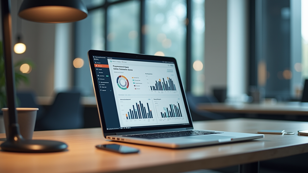 Eye-level view of a modern office desk with a laptop showing data analytics