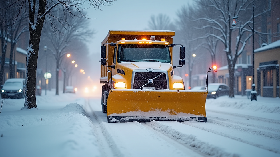 High angle view of a snow-covered street being cleared by a snow plow